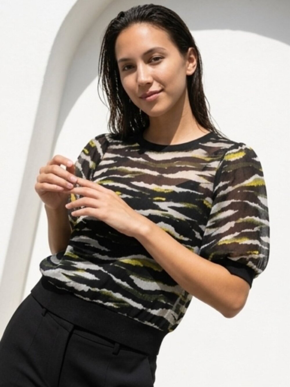 DKNY Zebra Print Sheer Polyester Puff Sleeve